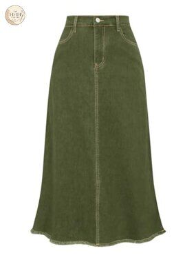 Belle Poque Long Frayed Denim Jean Skirt Flare A-Line Maxi Skirt
